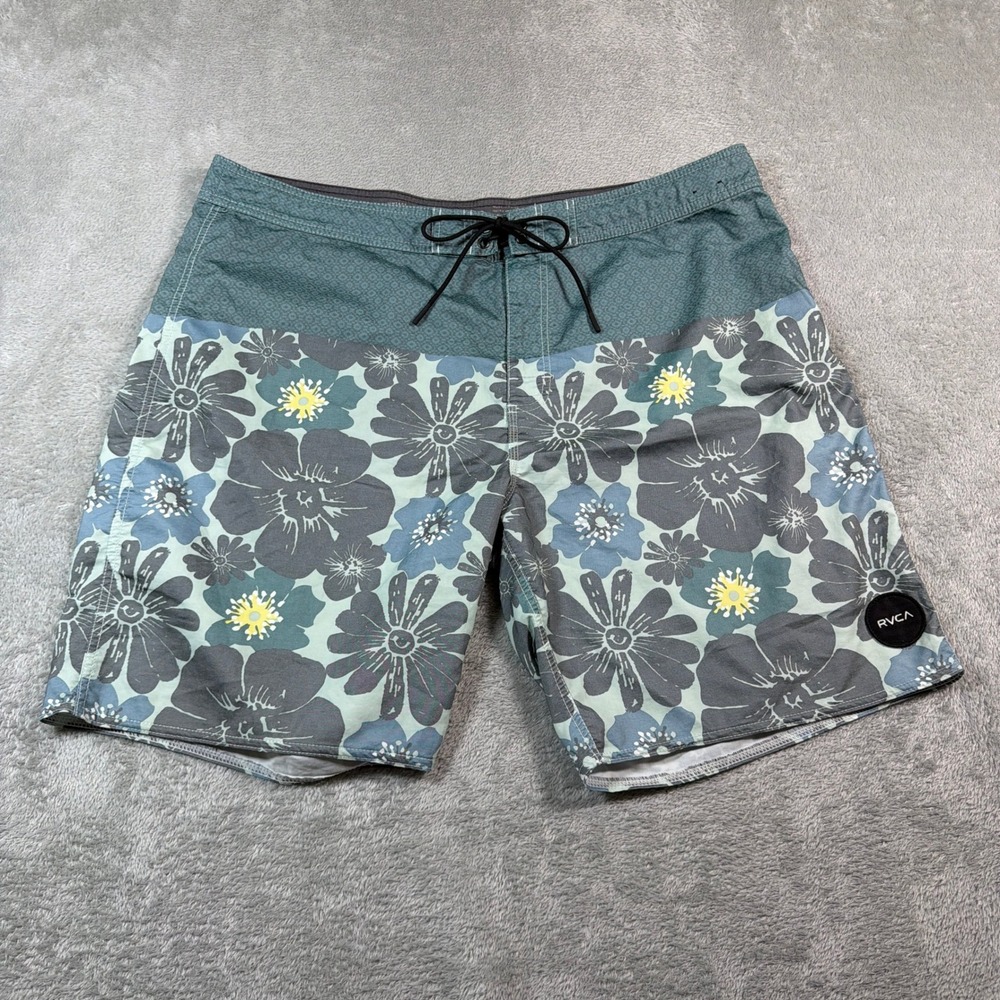 RVCA Board Shorts Mens 38 Teal‎ Floral 9" Inseam Stretch Swim Trunks Vacation
